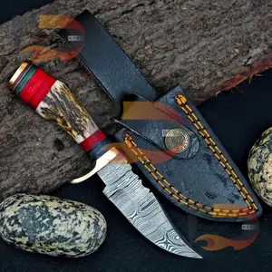 Dmascus Steel hunting Knife with leather sheath