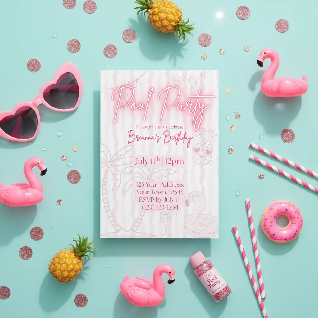 Pink Pool Party Birthday Invitation Template | Editable Summer Pool Invite | Tropical Flamingo Birthday Invite | Canva Digital Download