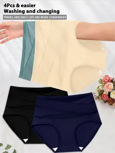 4-piece women's high-rise High Waist body-shaping pants, cross-pressure abdomen, seamless solid color, comfortable breathable mesh stitching, women's underwear