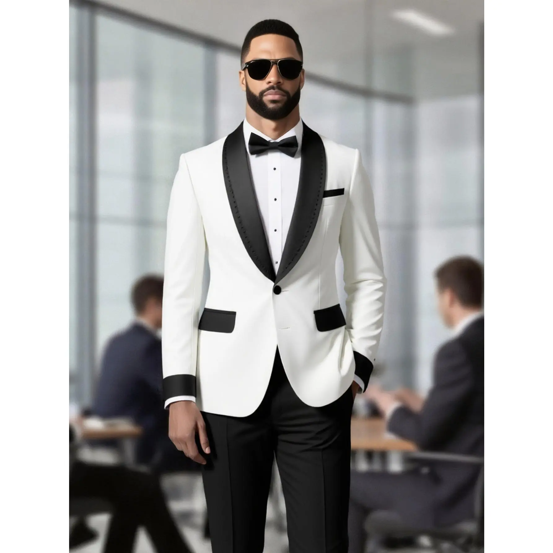 Men's 2-Piece Sparkly Rhinestone Tuxedo Set - White Jacquard Blazer, Black Pants, Polyester Shirt, Shawl Collar - Formal Wear for Wedding, Prom, Halloween, Long Sleeve, Pocket, Menswear, Tie, Matching, Trouser, Classic, Jacket, Suit