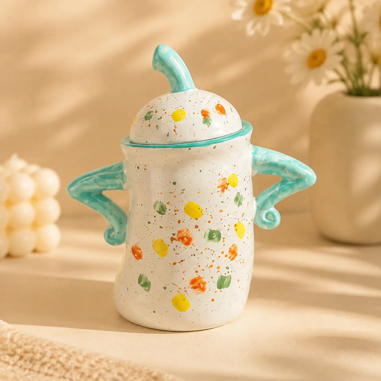 Aesthetic Handmade Ceramic Floral Jar Decor, Creative Unique Character Figurine Statue Ornament, Cute Desktop Decor Accessory, Perfect Gift for Bedroom Office Living Room Home Decoration