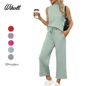WIHOLL Two Piece Sets for Women Summer Outfits Lounge Sets Mock Neck Tops Wide Leg Crop Pants Vacation Travel Outfits