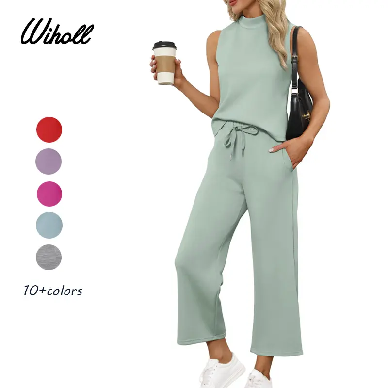 WIHOLL Two Piece Sets for Women Summer Outfits Lounge Sets Mock Neck Tops Wide Leg Crop Pants Vacation Travel Outfits