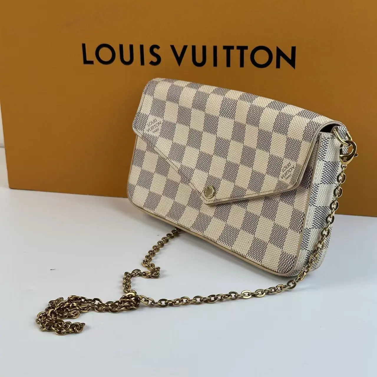 Pre-owned Louis Vuitton Damier Azur Felicie WOC Crossbody Shoulder Purse, Wallet Shoulder Bag Chain Pochette, Crossbody Shoulder Purses