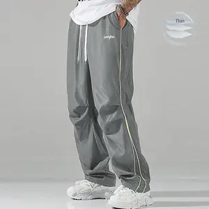 Summer Loose Sports Pants Men's Trousers Lightweight Soft Fabric Large Cut Gray Side Strips with Gold Decorative Bars Comfortable Design Casual Sporty Bottoms Gym Wear 100% Polyester