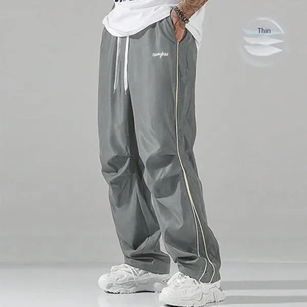 Male Loose-Fit 100% Polyester Grey Sweat Pants - 100% Polyester, Lightweight Soft Fabric, Large Cut, Grey Side Strips, Gold Decorative Bars, Machine Washable Athletics Casual Gym Wear, Father's Day Gifts for Him
