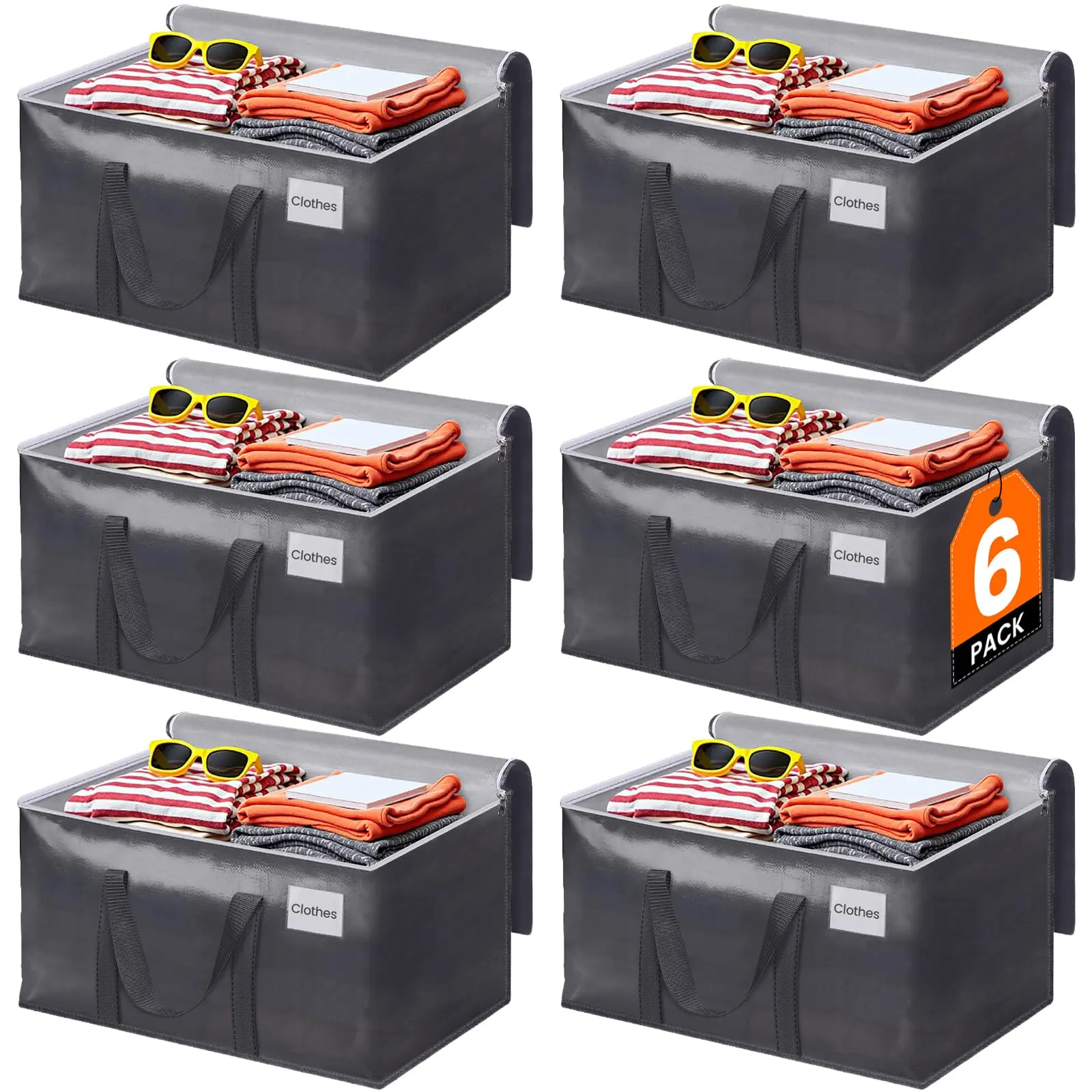 Days ElegantArray Best Gift 6-Pack Heavy-Duty Moving & Storage Bags (93L, Grey) - Foldable Space-Saving Totes with Zipper, Handles & Tag for College Moving Supplies, Laundry Hamper,dorm essentials,home decor