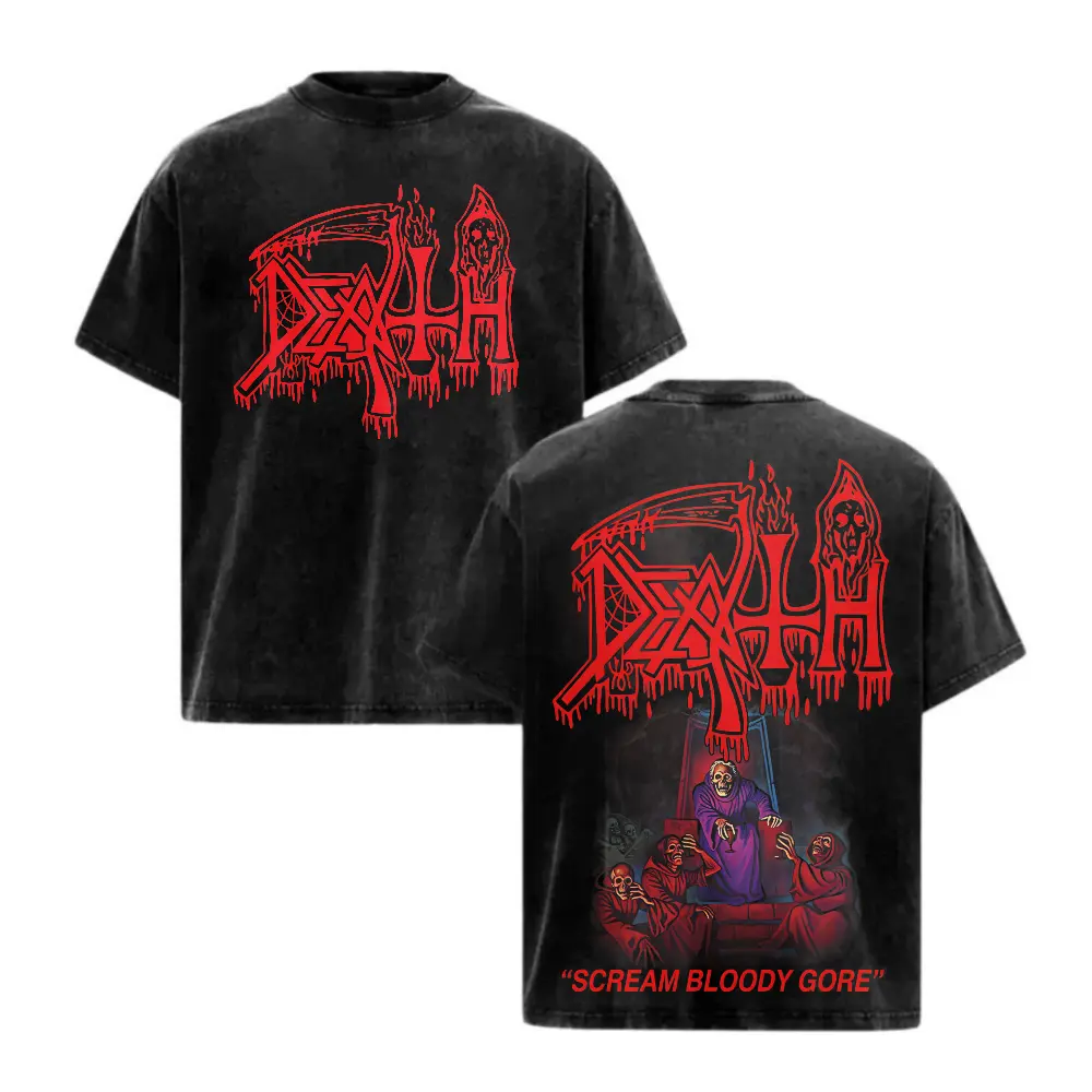Streetwear Style Black Washed Death Band Graphic T Shirt for Men Retro Red Drip Logo Print Short Sleeve Crewneck Cotton Tee Trendy Casual Top for Death Metal Enthusiasts and Daily Activities