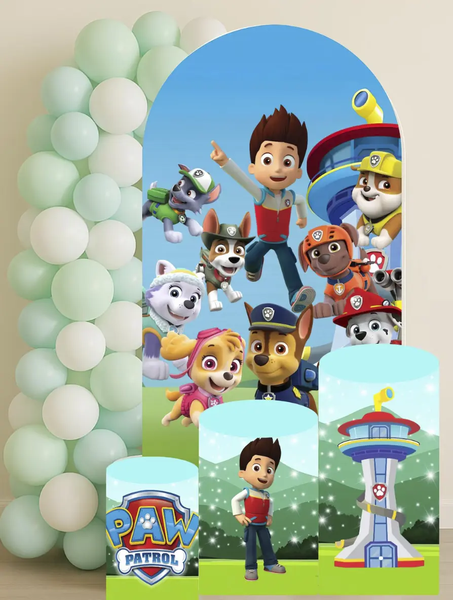 Rescue Dogs Arch Backdrop Cover + 3 cylinders covers Birthday Backdrop