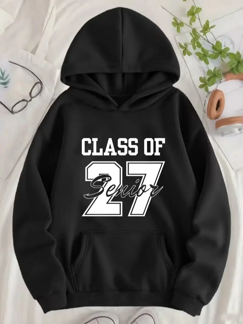 Women's Class Of 27 Senior Varsity Letter Print Hoodie - Aesthetic Classic Thick Casual Hooded Sweatshirt for Graduation Senior Year, Pairable with Joggers