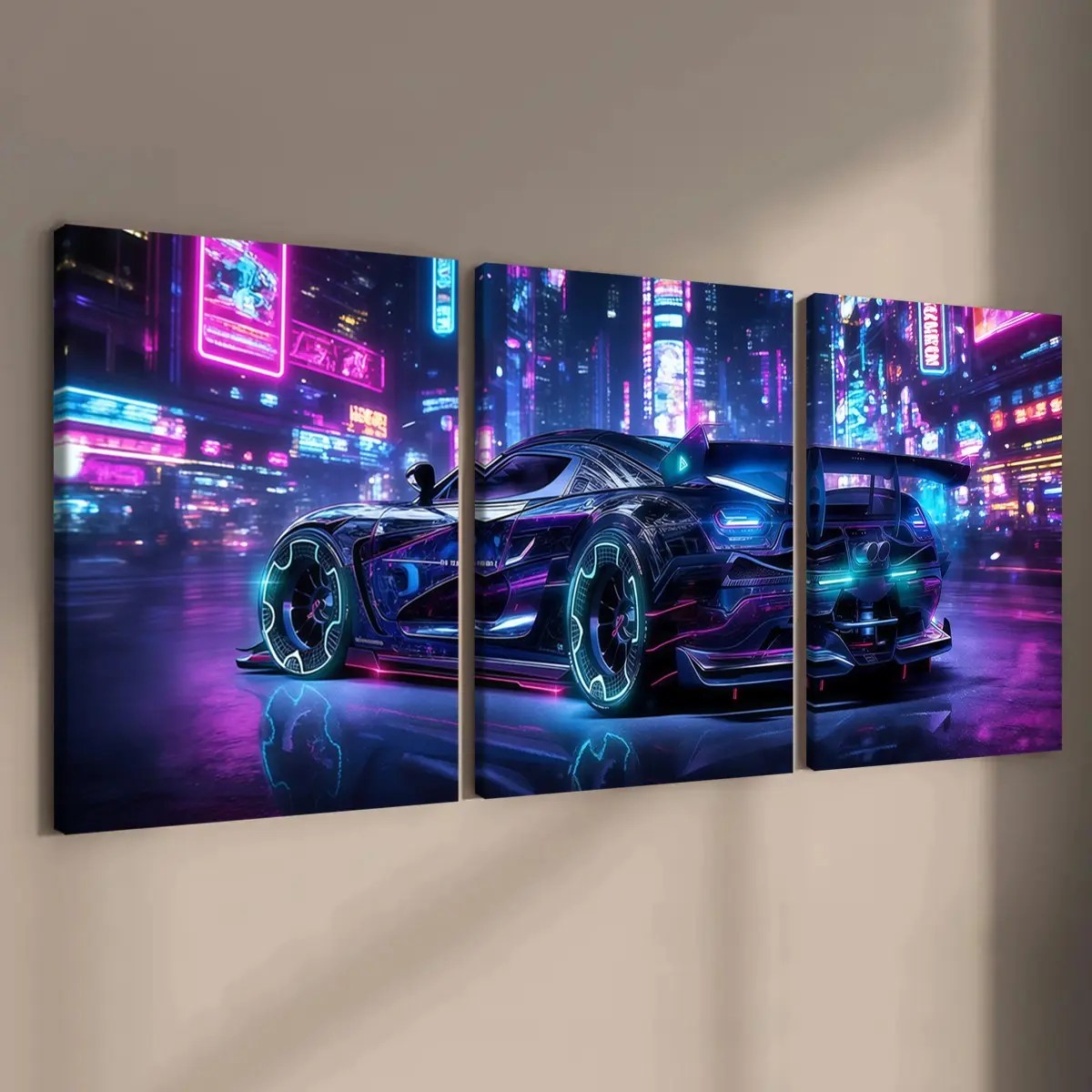 3-count wooden frame canvas, neon urban street art cityscape Vibrant Print supercar e-sports style art poster, Aesthetic wall decor, Artistic indoor decoration, home & office decoration, waterproof printing