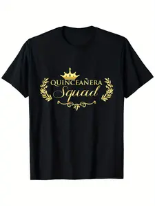 Quinceanera Squad T-Shirt| 100% Crew Neck Short Sleeve Tee, Casual Printed Knit Fabric Top for Quince Celebration Gift, Same Style for Men and Women,  Summer, Short-Sleeved, Pure 220G, All-Season, Vintage Style, Regular Fit, Drawing Pattern