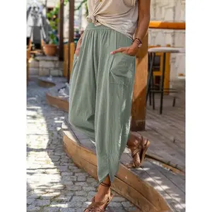 2024 Women’s Spring/Summer Vintage Boho Cotton-Linen Beach Pants, High-Waisted, Solid Color, Loose Fit with Pockets, Casual