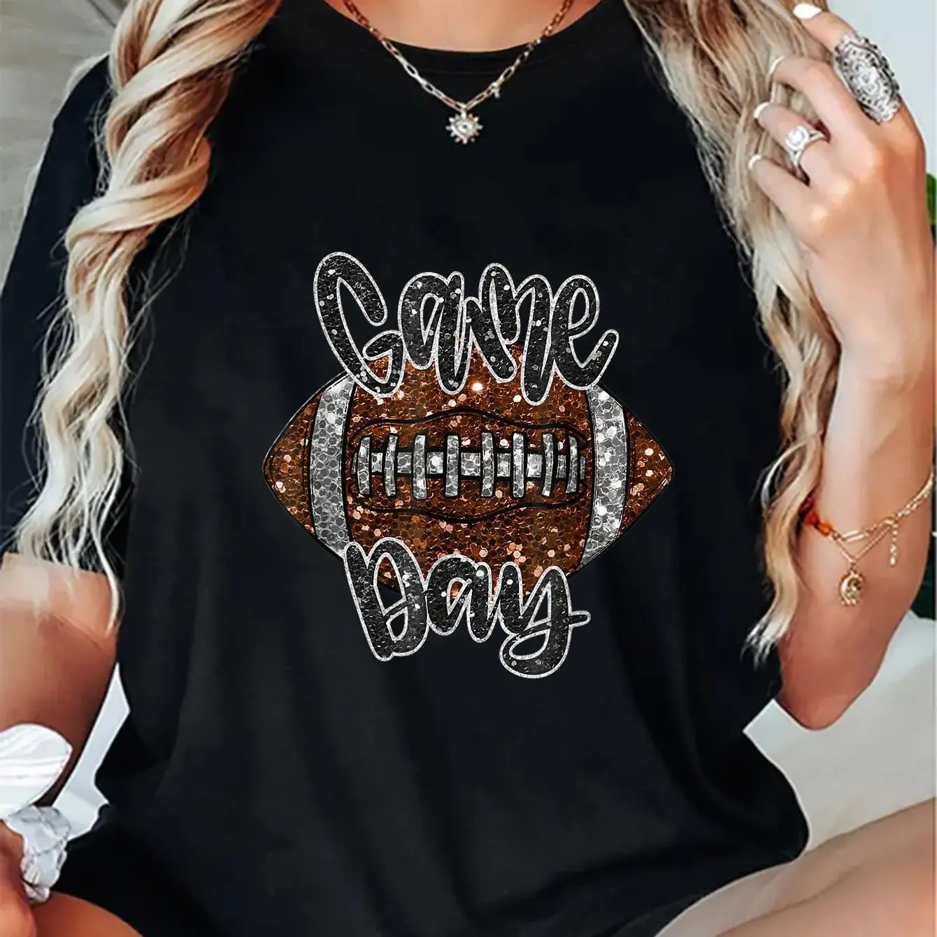 Short-Sleeve Football Theme Casual Top, Bling Print Fashion T-Shirt for Football Lovers (Fall & Autumn Game Day Wear)