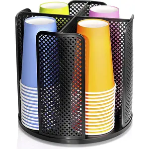 Rotating Paper Cup Dispenser, Cup Holder with 4 Compartments, Disposable Coffee Cup Dispenser Removable, Plastic Cup Storage & Lid Holder for Countertops, Kitchen, Coffee Stations (Black)