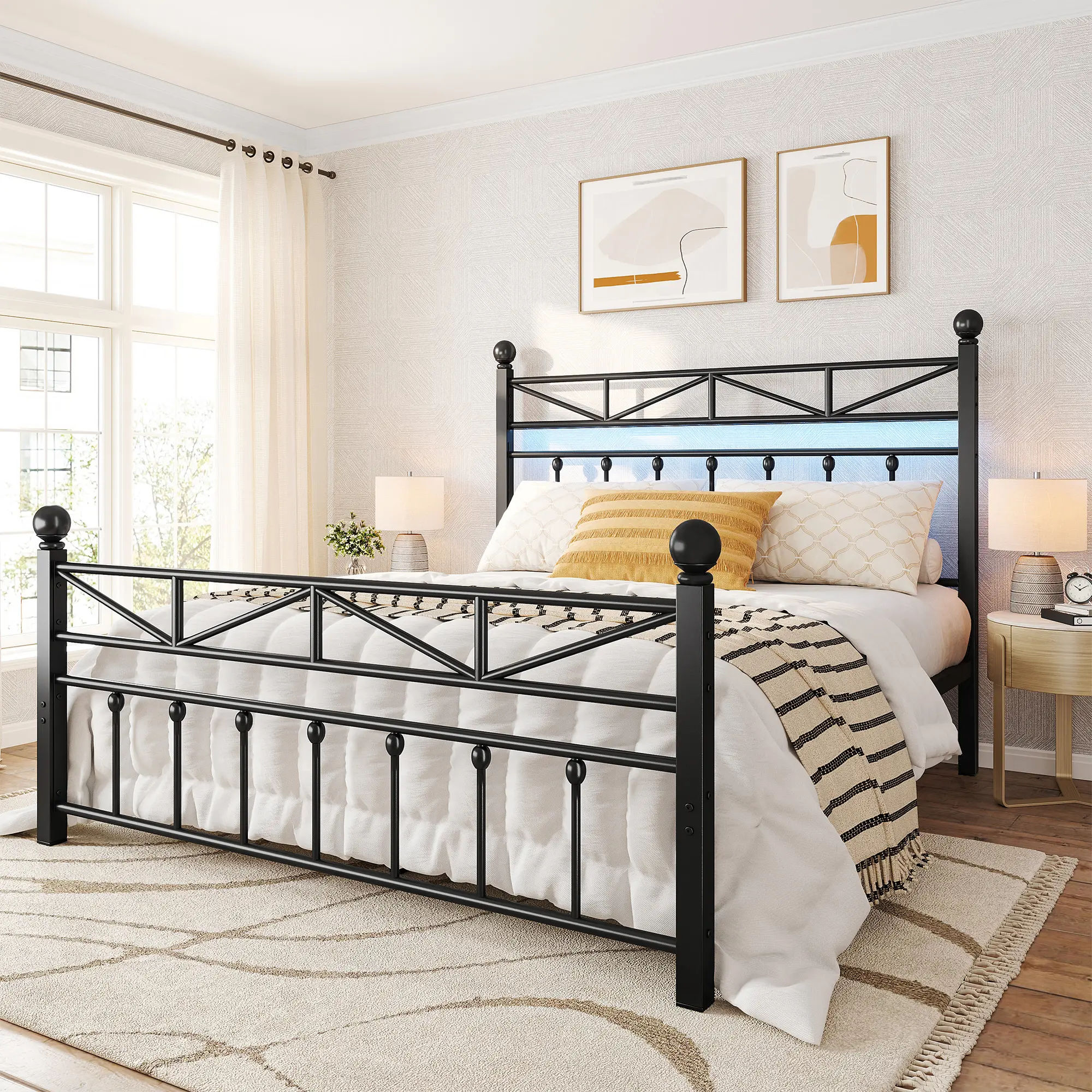 【Deals for you Days】Raybee Furniture Iron-Art Vintage Queen Size Metal Bed Frame with Tall Headboard & Foot board, LED Lights, Under Bed Storage,Noise Free, Black,White,Single,Full Size, Easy to assemble, Bed Frames for Teenagers, Sturdy construction