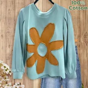 SageVell Women's Blue 100% Cotton Sweatshirt, Long Sleeve Pullover with Big Flower Patch Design Top