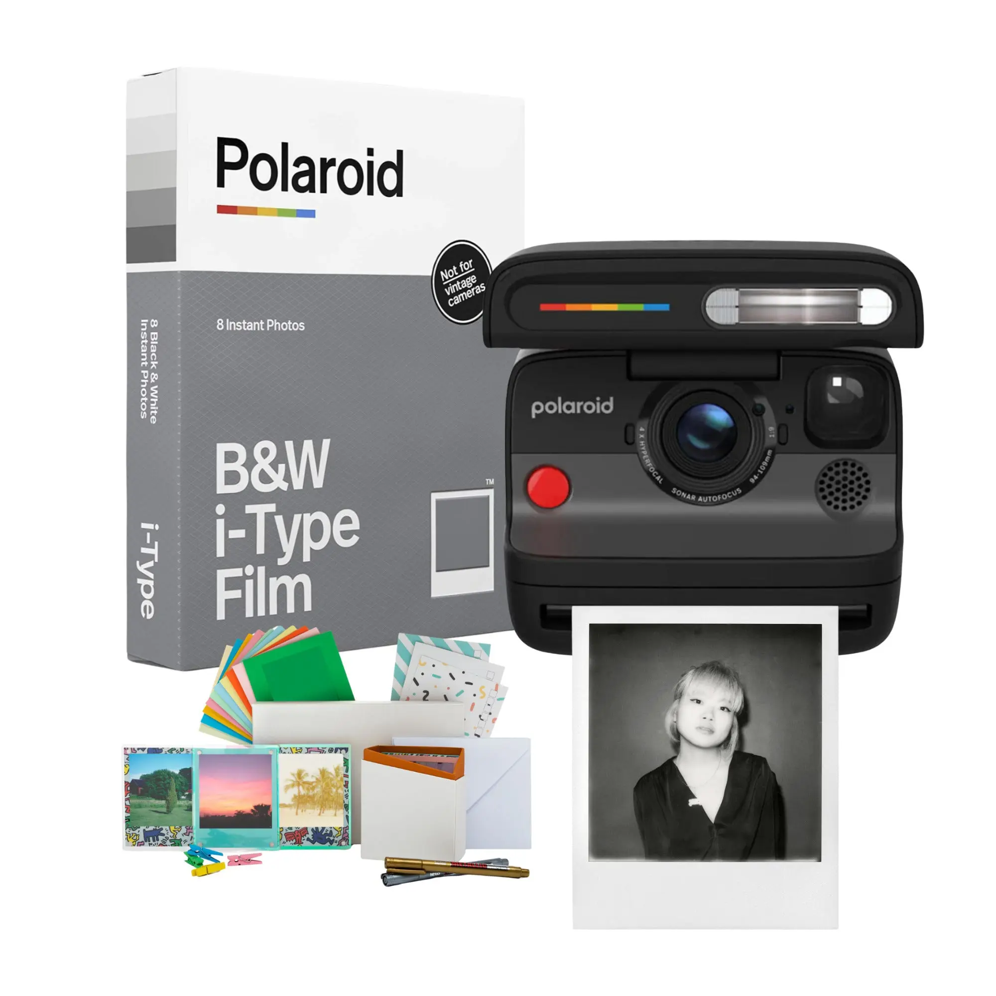 Polaroid Flip Instant Camera with Sonar Autofocus, Retro Lens, Square Format, Colorful Imaging, Flash & Accessories Kit (Black)