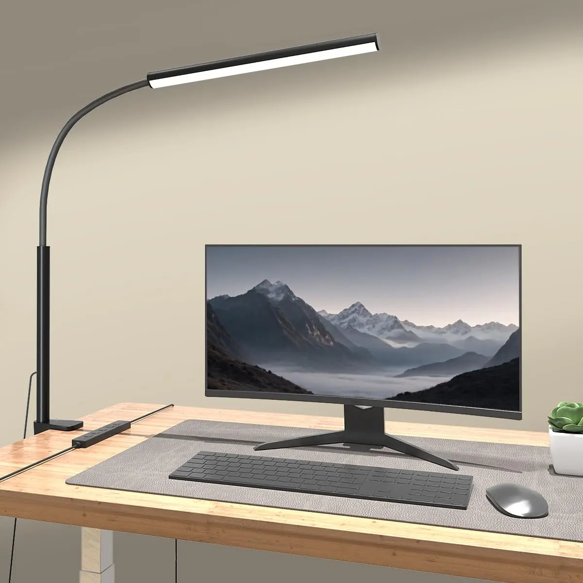 [New Store Limited-Time Flash Sale] Fuoddda LED Clamp Desk Lamp with Eye Protection, Adjustable Lighting, 5 Modes, 10-Level Dimming, Brightness Adj., 360° Flexible Gooseneck Arm, USB Adapter, Black & White Modern Indoor Lighting for Home Office