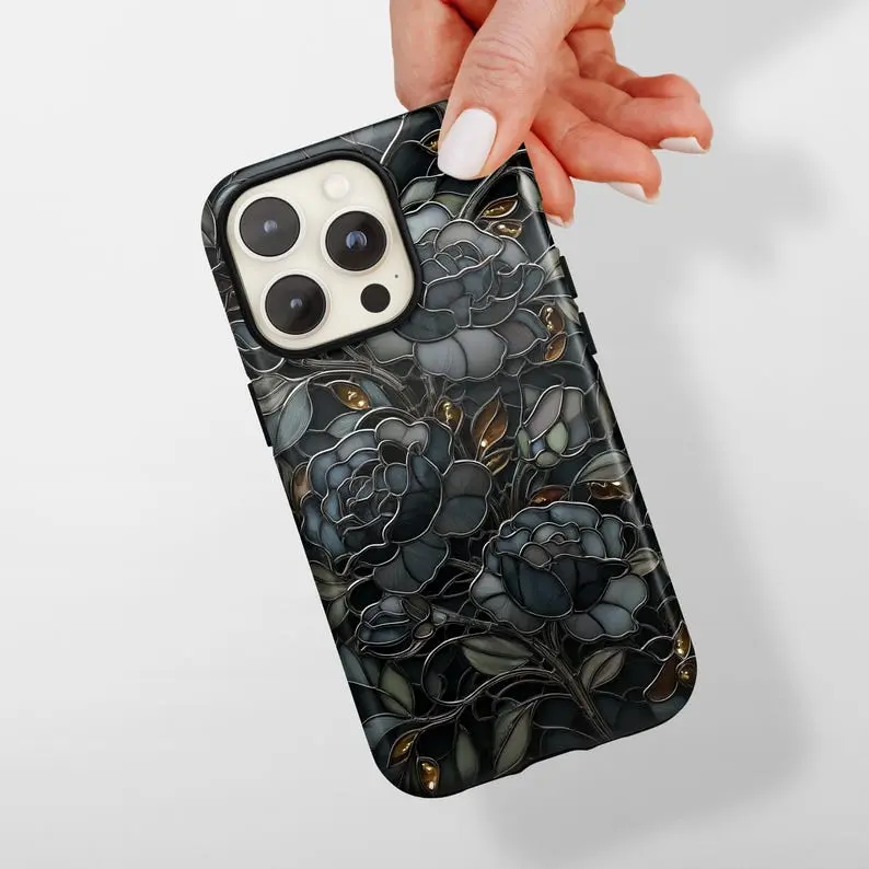 Stained Glass Phone Case, Mosaic Dark Academia Flower Phone case, Gift for Her. Case for IP 11 12 13 14 15 16 17 Pro, Plus, Promax, S21,22,23,24,25 Ultra, Tough Case, Magsafe Case