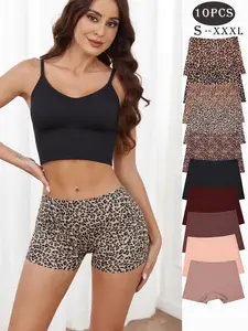 Women's Leopard Print Seamless Design Boyshorts, Casual Solid Color Natural Waist Panties Set, Comfy Breathable Underwear for Women