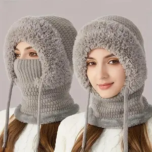Women’s 3-in-1 Winter Plush Hat – Knitted Beanie Scarf Mask All-in-One, Warm Windproof Face Protection, Multifunctional Cotton Cap for Outdoor Travel & Daily Wear