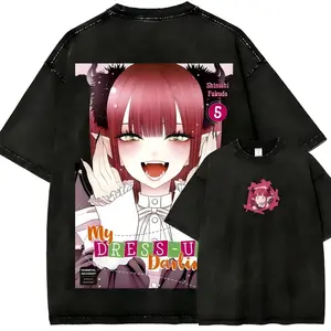 My Dress-Up Darling Marin Kitagawa Menswear Short-Sleeve Washed Distressed Unisex Fit Tops, Festive T-Shirt Anime Enthusiast Fans 90s Top Cotton T-Shirt