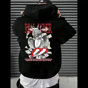 ToolHeaven Men's  Graphic Print Hoodie  -Lined Pullover with Angel & Dice Design, Casual Loose Fit Hooded Sweatshirt for Fall/Winter