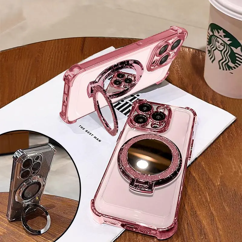 iPhone 17 Pro Max Heavy Duty Shockproof Cellphone Casing, Girls’ Protective Accessories with Flip-Up Mirror & Stand, Pink Chrome Alloy Frame, HD Transparent Polycarbonate, Reinforced Corners, Full-Body Drop Protection for Pro/Air Devices