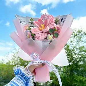 The hand-knitted pink flower bouquet, accompanied by a beautiful gift bag and a warm LED light strip, is the perfect timeless flower gift for your girlfriend, close friend, Valentine's Day proposal, wedding, or graduation ceremony,gift for Mother's day Ex