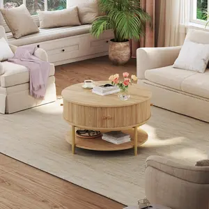 23.6" Round Coffee Table with Storage, Mid Century Modern Coffee Table with Sliding Cabinet Door, Round Metal Legs, 3-Tier Small Round Coffee Tables for Living Room, Oak