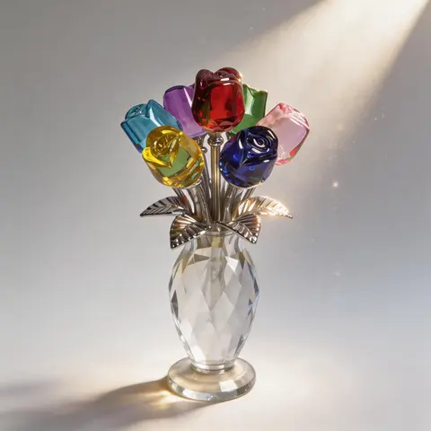 5.7x3.1in Artificial Crystal Bouquet with Ruby Ornaments - Durable Metal Stems Last, Faceted Sparkle, Aurora Rainbow, Custom Color Option, Ideal Graduation Gift, Elegant Home & Desk Decor