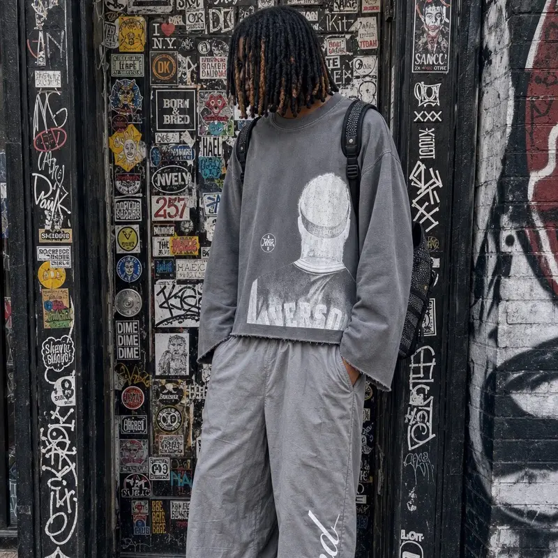 BLACKBUTTERFLY Iverson Gray Long Sleeve Custom Cropped Vintage Crewneck Sweatshirt Shirt Menswear
