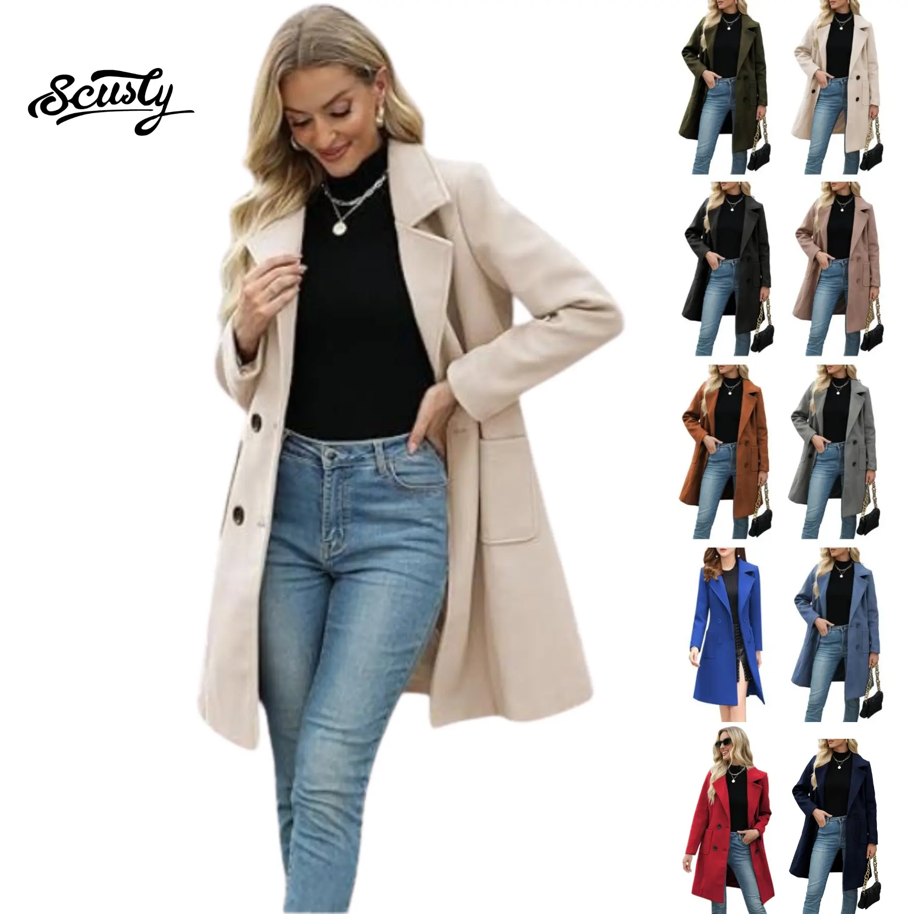 SCUSTY Women Fall Winter Wool Blend Camel Mid-Long Coat Notch Double-Breasted Lapel Jacket Outwear