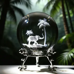 Tropical Elephant Crystal Ball Paperweight with Stand 60mm 3D Laser Engraved Glass Spheres Decorative Balls(Clear)