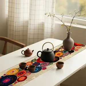 1PC 2D plane, abstract style, multi-color, circle, printed fashion table flag, western restaurant, living room, coffee table table decoration household table flag, outdoor picnic, party decoration table flag