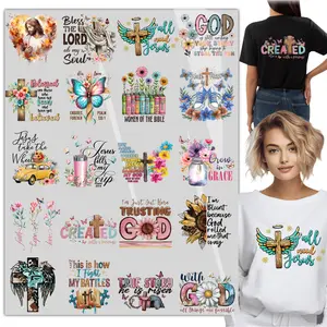 20sheet Jesus Christ, cross, flowers Iron DTF transfers ready to press Appliques Washable Vintage Print Iron On for T-Shirts Hoodies Pillow Covers DIY Decoration