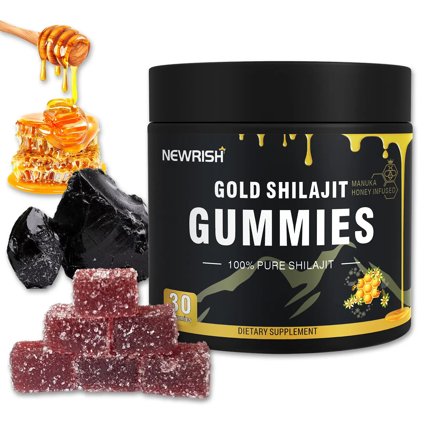 Newrish Organic Shilajit Gummies - Energy & Vitality Boost - Manuka Honey - Sugar Free - Non-GMO - Lab Certified with 85+ Trace Minerals - 30 Gummies