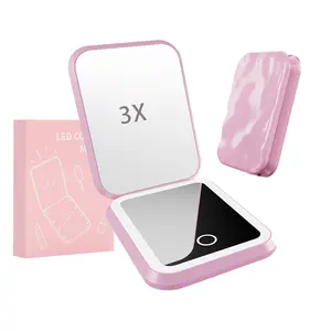 LED Compact Pocket Mirror, 1X/3X Magnification Travel Makeup Mirror with Light for Purse,3 Colors Ajustable Light , 2-Sided, Portable, Folding, Handheld, Small Lighted Mirror for Gift ，White/Pink