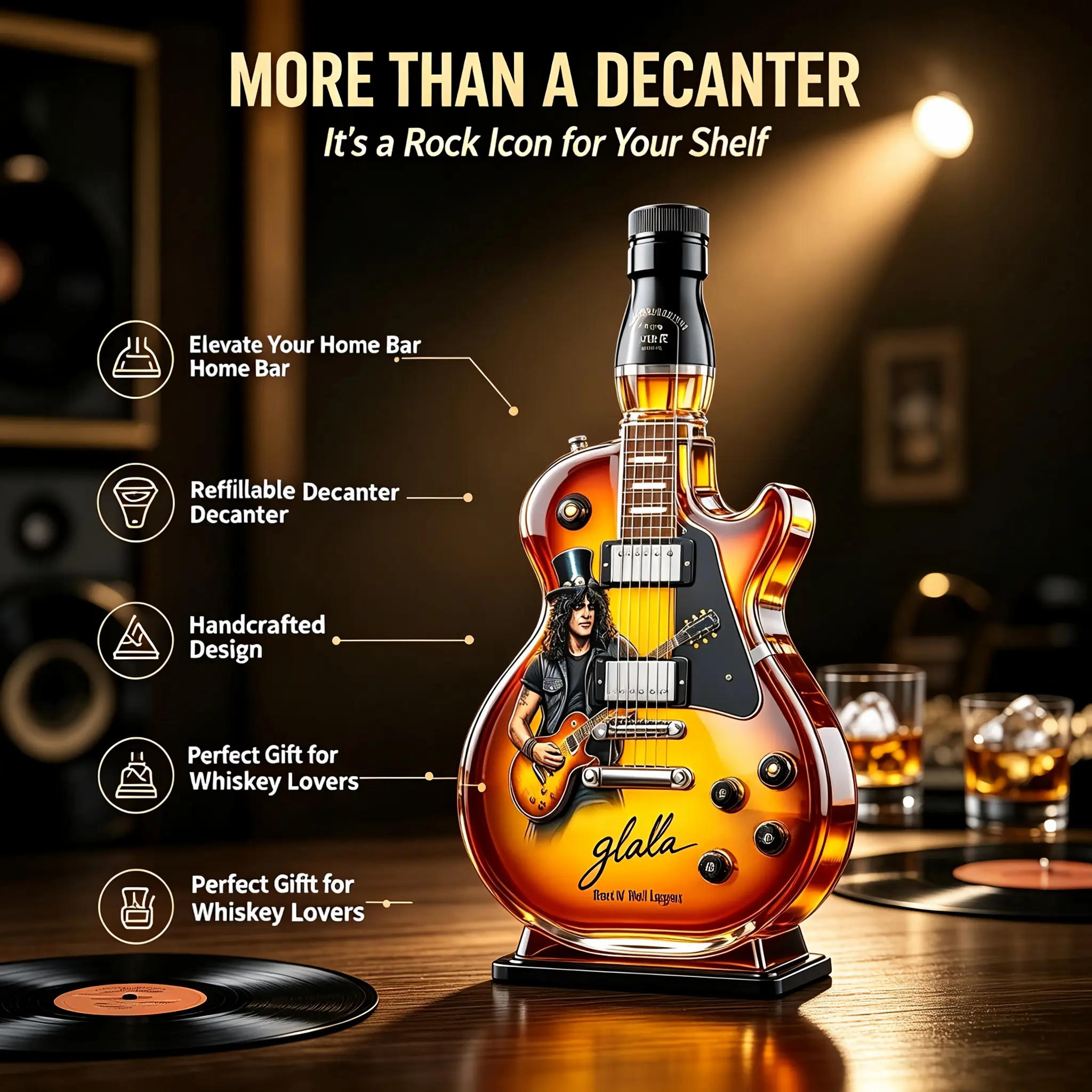 Guitar Whiskey Glass Bottle, Creative Rock-Style Liquor Container, Home Decor Collectible, Unique Gift for Men
