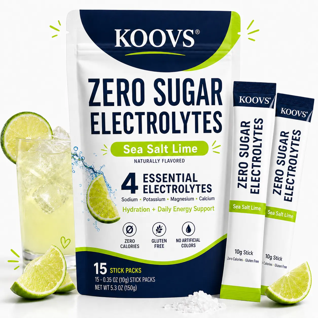 KOOVS 0 Sugar Electrolyte Powder Stick Packs (15 Count) - Sea Salt Lime Flavor, 4 Essential Electrolytes (Sodium, Potassium, Magnesium, Calcium), Daily Hydration Support Healthcare Dietary Supplement