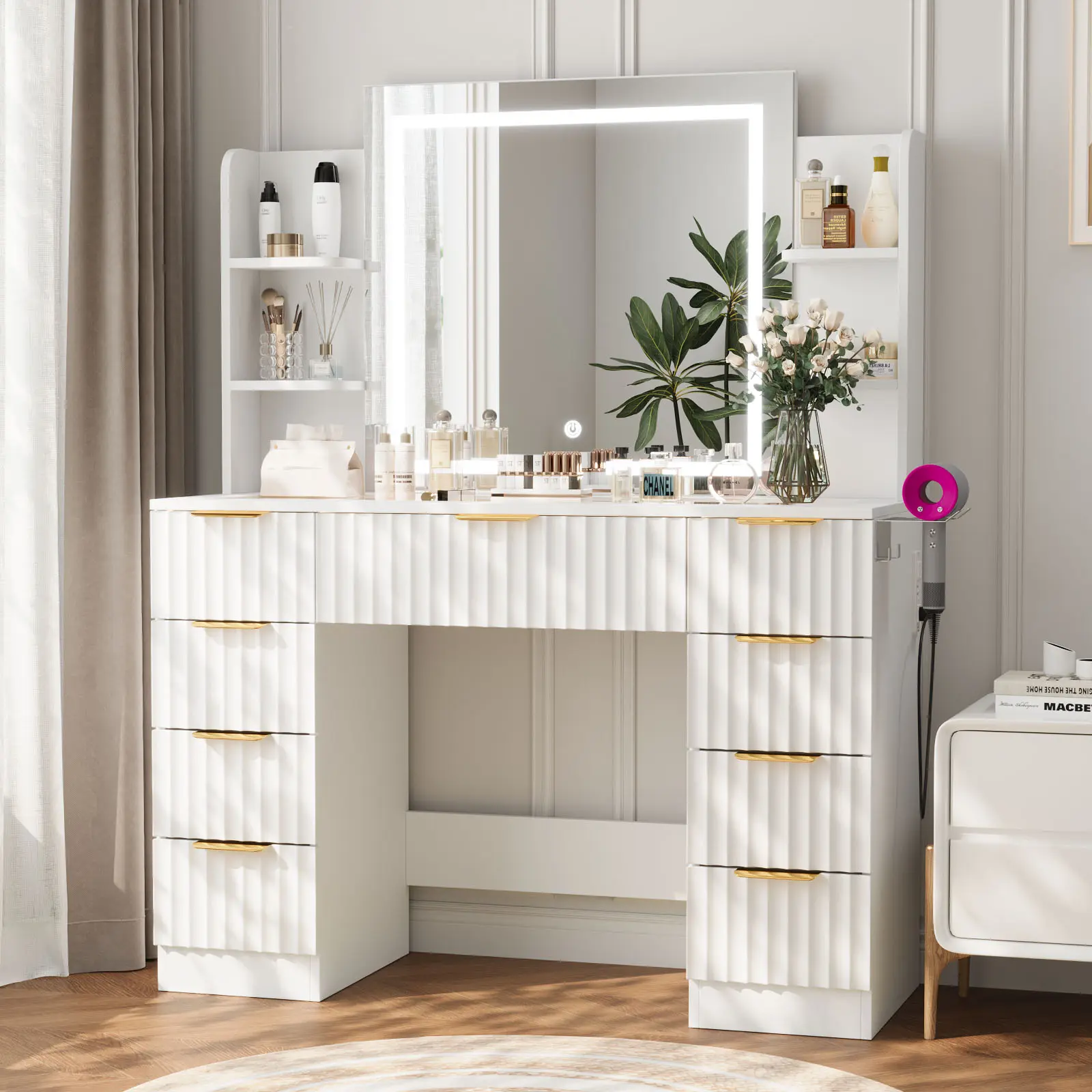 VOWNER Modern Vanity Desk with Mirror and Lights Makeup Vanity Desk with Drawers and Storage Shelves & Power Outlet Hair Dryer Rack Dressing Table with Glass Top