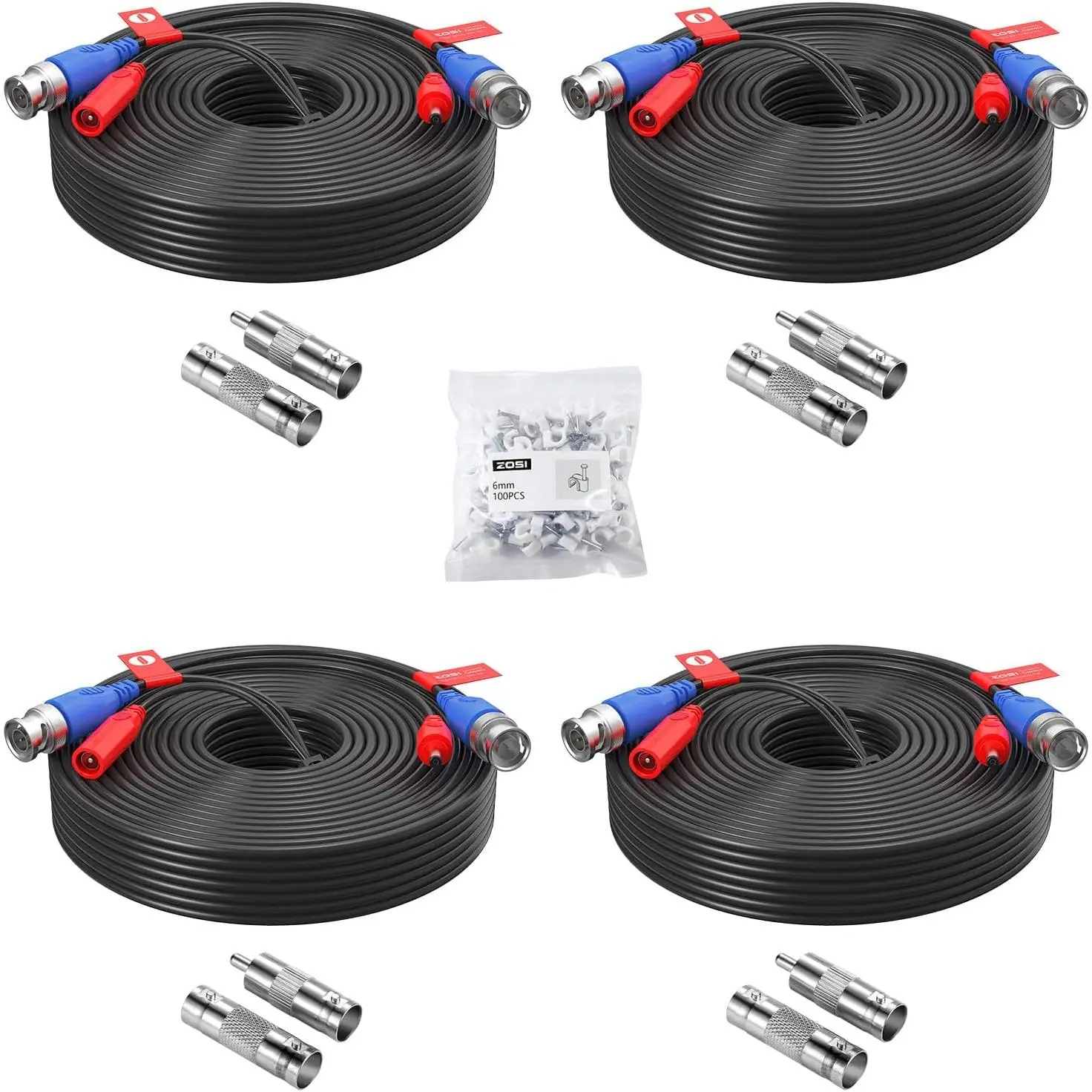 ZOSI 4 Pack 60Feet 18m All-in-One CCTV Video Power Cables, BNC Extension Security Wire Cord for 960H/720P/960P/1080P Video Surveillance Camera DVR System With BNC RCA Connector,100pcs Cable Clips