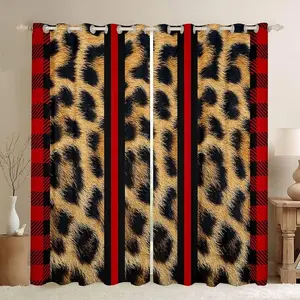 Leopard Curtains for Living Room,Cheetah Print Darkening Drapes,Red Stripe Blackout Curtains,Safari Window Treatments(2 Panels 42 x 63 Inch)