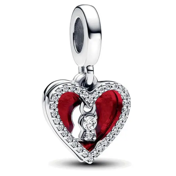 PANDORA Elegant Heart & Keyhole Double Dangle Charm, Sterling Silver with Red Enamel Heart-Shaped Disc, Love Gift for Adults, Heart Outline