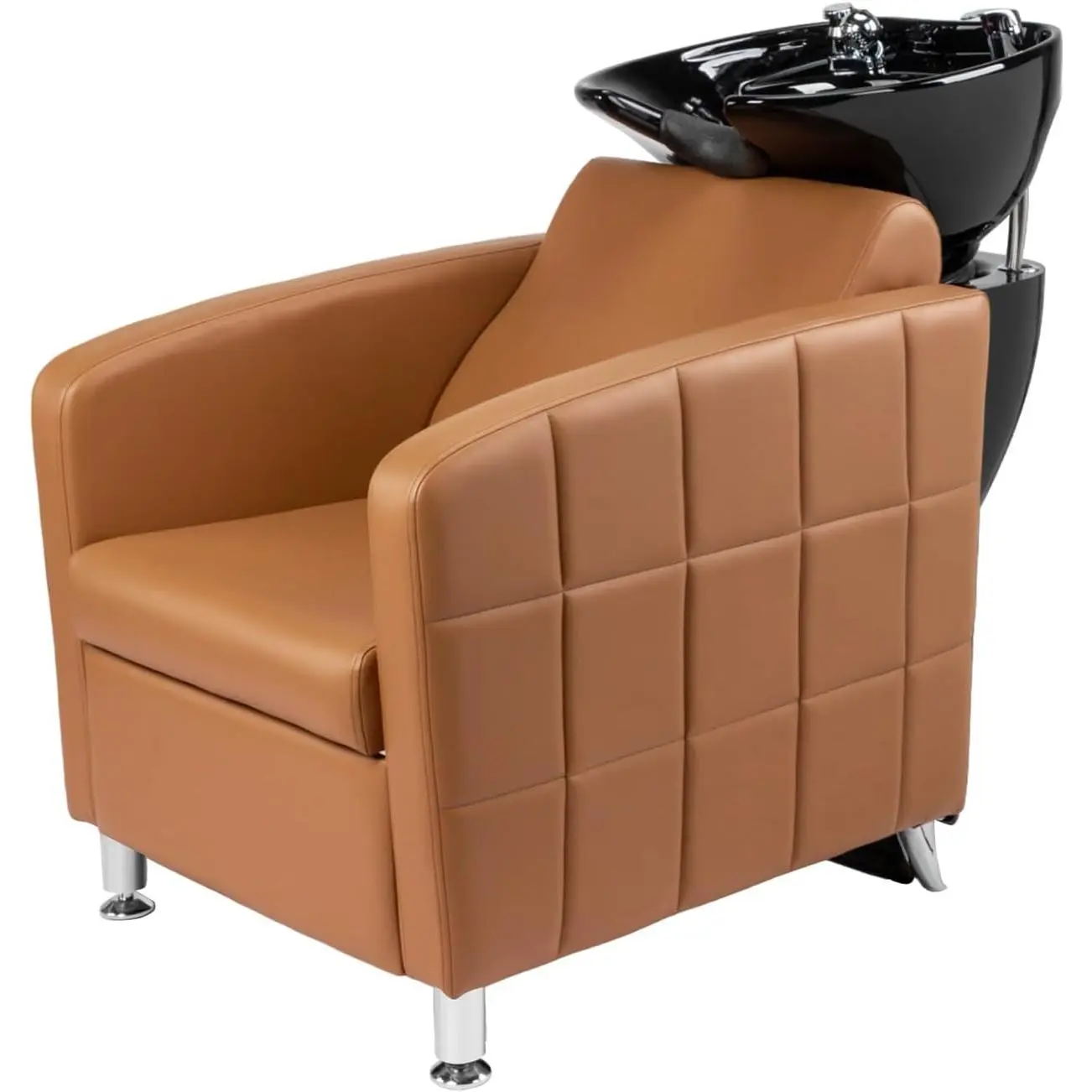 OmySalon Sturdy Barber Backwash Chair with Adjustable Faux Leather Extra-Wide Seat, Waterproof Porcelain Shampoo Unit, Commercial Salon Furniture for Hair Stylists