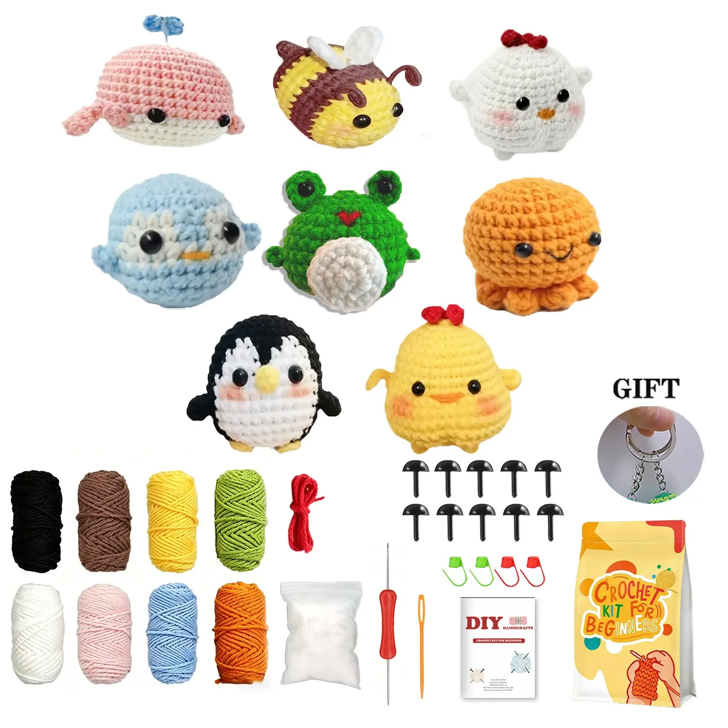 Beginner DIY Crochet Kit with 8 Cute Animal Stickers, Easy-To-Learn, Perfect Gift, Stress Relief, Includes Video Tutorial, Crochet Supplies Kit, Crochet Set