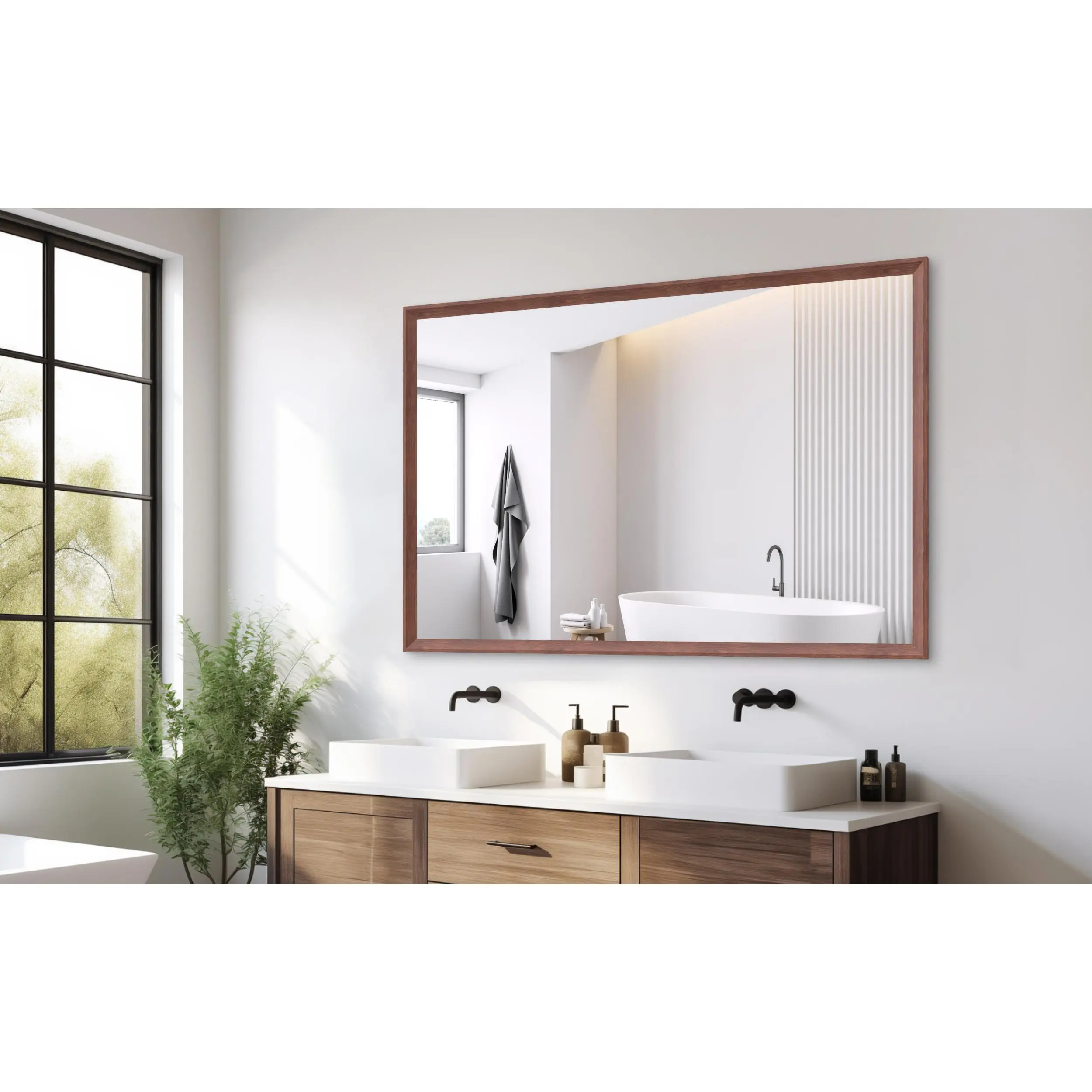 Oversized Modern Rectangle Wall Mirror 60x40 Inch with Walnut Aluminum Frame, Large Decorative Wall-Mounted Mirror for Bathroom, Living Room, Bedroom, Entryway, Vertical or Horizontal Hanging, Home Decor