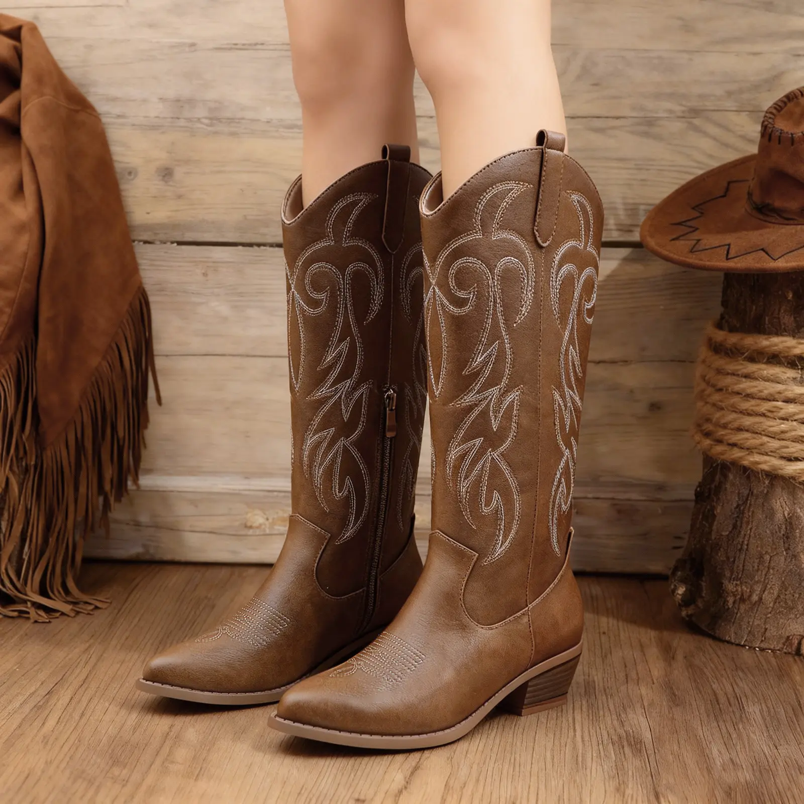 Women's Western Cowboy Cowgirl Knee-High Boots Wide Calf Embroidered PU Leather Footwear with Pointed Toe Side Zipper 2-inch Low Chunky Heel Classic Vintage Retro Fall Winter Tall long Boots Casual Dress Shoes for Country Party Daily Wear