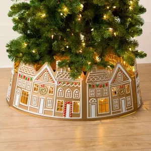 LED Gingerbread Christmas Tree Collar - Decorative Holiday Tree Skirt, 26 & 28 Inch, Warm White Lights, Festive Home Decor